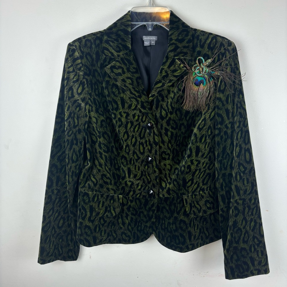 Anthro-Anthracite Leopard print green velvet blazer w/peacock pin-Woman’s 10-EUC - Picture 14 of 14